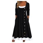 Fancy Dress for Women UK Casual Crewneck Long Sleeve Pullover Patchwork Pleated Solid Color Button Dress Ladies Trendy Tunic Dresses Activewear Dresses for Vacation Cocktail Formal Work Wedding Black