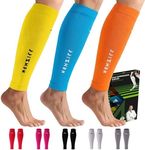 NEWZILL Calf Compression Sleeve for Men & Women | Footless Compression Socks for Shin Splint Relief, Varicose Veins | Leg Sleeve for Running, Travel, Nursing, Fitness (Orange/Yellow/Blue 3Pairs L/XL)