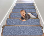 KOKOJO 8" X 30" (15 - Pack) Stair Treads Non-Slip Stair Mats Indoor for Kids Elders Pets,Reusable Safety Staircase Carpet for Wooden Steps,Leaves Light Gray