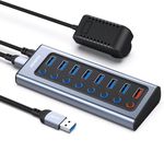 【New For 2024】BENFEI Powered USB Hub with Power Adapter, 8-Port USB Splitter Hub(7 Faster Data Transfer Ports + 1 Smart Charging Port) With Individual LED On/Off Switches