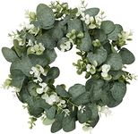 HAOSHCIS Artificial Eucalyptus Wreath with Flowers Faux Green Leaves Eucalyptus Wreath for Front Door Wall Festival Celebration Fireplace Window Party Decor (D)