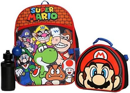 Nintendo Super Mario Bros. Backpack Set for Boys & Girls, Kids 16" School Bag with Front Zip Pocket, Red & Black