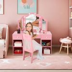 Kids Vanity Table, Princess Makeup Desk & Chair Set Withtouch Light Detachable Tri-Folding Mirror, Open Storage Shelves, Wooden Girls Vanity Dressing Table, Pretend Play Vanity Set for Toddler