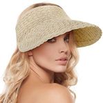 Women's Wide Brim Sun Hats Roll-up Foldable Straw Golf Visor Hat, Beige, One Size