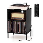 Tangkula Record Player Stand, Turntable Side Table Nightstand w/Charging Station & Vinyl Record Storage Cabinet Holds up to 150 Albums, Record Player Holder for Living Room (Black, 31" H)