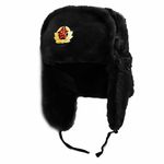 NORTH-GATE Mens Black Russian Trapper Winter Warm Hat Cap with Soviet Badge Unisex Faux Fur Ushanka Flaps Hat, Large (58 cm)