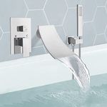 Midanya Polish Chrome Wall Mount Bathtub Faucet with Handheld Spray High Flow Rate Waterfall Tub Faucet Single Handle Bathroom Tub Mixer Tap Hand-Shower System with Curved Spout Commercial