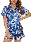 MyFav Women's Satin Pyjama Short Sleeve Button Down Shirt and Shorts Sleepwear Sets Silk PJ Lounge Set,Blue Giraffe,S