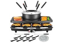 Befano 6-Cup Electric Cheese Fondue Pot, Combo with Raclette Machine for 8 People and Indoor Grill, Simple Adjustable Thermostats, Perfect for Parties and Family Fun