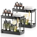 Under Sink Organizer, 2 Tier Under Bathroom Cabinet Storage, Black Counter Organizer with Hooks, Pull Out Sink Storage Rack, Multi-purpose Under Sink Shelf Organizer for Bathroom/Kitchen, 2 Pack