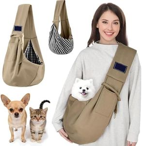 Small Cat Travel Bag Dog Carrier Sling, Reversible & Breathable Cotton Fabric, Padded Shoulder Strap, Built-in Safety Hook, Front Pocket, Pet Carrier Sling Dag, for Pets Up to 6kg (Khaki)