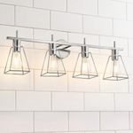 HAHZT Industrial Bathroom Vanity Lights: 4-Light Silver Brushed Nickel Vintage Metal Cage Wall Sconce - Rustic Farmhouse Light Fixture Over Mirrors Cabinet for Bath Hallway