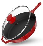 Utopia Kitchen 12 inch Pre-Seasoned Cast Iron Skillet With Lid - Frying Pan - Cast Iron Pan - Safe Grill Cookware for indoor & Outdoor Use, Red, UK1036