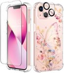 GVIEWIN Designed for iPhone 13 Case 6.1 Inch, with Tempered Glass Screen Protector + Camera Lens Protector Clear Flower Soft & Flexible Shockproof Floral Women Phone Cover (Magic Butterfly)