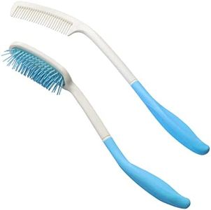 Kesywale Long Reach Handled Comb and Hair Brush Set for Elderly and Hand-Disabled People, Not Need to Lift Hand (Blue)