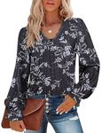 Misyula Womens Puff Long Sleeve Eyelet Tops Elegant Lace Trim V Neck Blouses Stylish Floral Business Casual Work Shirts Black-Flower XL