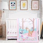 UOMNY Crib Bedding Set for Girls Woodland Baby Girl 3 Piece Crib SES Include Fitted Crib Sheet Comforter Crib Skirt