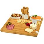 Picnic at Ascot Large Bamboo Cheese Board/Charcuterie Platter with 4 Stainless Steel Tools, 2 Ceramic Trays and 4 Cheese Markers - 16" x 13" - Designed & Quality Checked in the USA