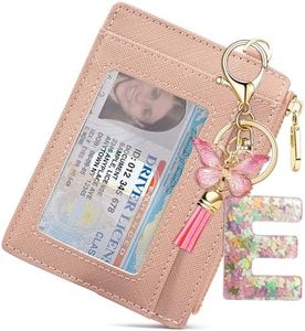 Personalized Initial Credit Card Wallets for Women with Small Wallet Wallet Slim,Initial Letter Keychains for Girls Women Pink Cute Tassle Keychain for Backpack School Bag (Pink Butterfly Letter E)