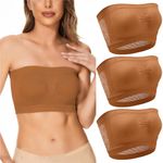 3 Pack Strapless Bra for Women, Padded Seamless Bandeau Bra with Support Wire Free Tube Top Non Slip Bralette(#01 Brown,Small)