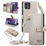 ELISORLI Wallet Case for Motorola Moto G Stylus 5G 2023 with Shoulder Strap and Wrist Strap RFID Blocking Zipper Credit Card Holder Flip Love PU Leather Phone Cover for GStylus G5 XT2317DL Grey White