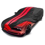 iCarCover Custom Car Cover for Dodge Challenger 2008-2024, Waterproof All-Weather Rain Snow UV Sun Protector Full Exterior Indoor Outdoor Car Covers, Stripe (Black/Red)