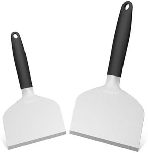 POTWIY Stainless Steel Griddle Scraper, 5.3" & 4.5" Wide, Heavy Duty Metal Scraper, Sharp Blade and Full Tang Silicone Handle, Great BBQ Cleaning Kit for Flat Top Grill & Griddle Accessories (2 Pack)