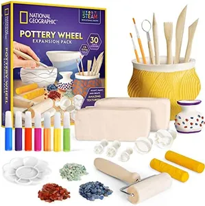 Blue Marble National Geographic Pottery Wheel Refill Kit – 2 lbs. Air Dry Clay, 30 Pottery Tools & Accessories, Gemstone Chips, Sculpting Clay Tools, 7 Paints & More, Great Craft Kit for Kids