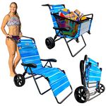 Beach Cart Chair – 2 in 1 Turns from Beach Cart to Beach Chair – Large Wheels – Easy to Use – Large Capacity – Blue Striped Color