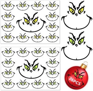 26 PCS Christmas Decorations Stickers, Yellow and Green Eyes Face Decals for Ornaments, Waterproof Vinyl Sticker for The Home, Christmas Balls, Party Supplies, Water Bottles …