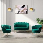 woodheart Shop 3 Piece Velvet Living Room Furniture Set, Including Loveseat & 2 Sofa Chairs, Modern Comfy Upholstered 2-Seater Sofa & Accent Chair Set for Bedroom (Green)