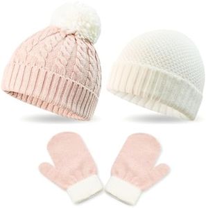 3 Pack Kids Winter Warm Beanie & Mittens Set, Soft Cable Knit Hat For Children's Toddler Baby, Cozy Kids Cap & Gloves