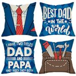 Fjfz Father's Day Decorative Throw Pillow Covers 18 x 18 Set of 4, Best Dad in The World Suit Tie Briefcase Tool Porch Outdoor Home Decor, Blue Plaid Couch Cushion Case Birthday Gifts for Papa Grandpa