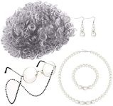 MILACOLATO Old Lady Costume Set Old Lady Wig Grandma Wig White Grey Black Granny Wig Cap Bead Chain Cords Artificial Pearl Necklace Bracelet Earrings Adult Fancy Dress Accessories Fits All, GrayBoom