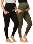 The Mom Store Maternity Leggings | Comfort Stretch Pregnancy Leggings for Women | Over The Belly Design | Maternity Wear for Pregnant Women(Olive-Black, 2XL)