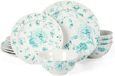 Martha Stewart Empress Bouquet Decorated Porcelain Dinnerware Plates and Bowls Set - Teal Floral, Service for 4 (12pcs)