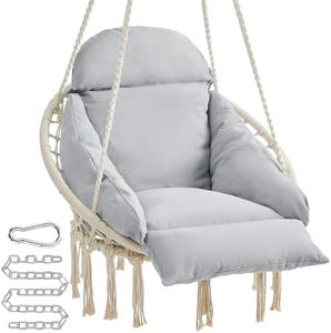 SONGMICS Hanging Chair, Hammock Chair with Large, Thick Cushion, Boho Swing Chair for Bedroom, Patio, Balcony, Garden, Holds up to 264 lb, Accessories Included, Cream White and Dove Gray UGDC042G01