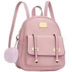 KKXIU Girls Small Backpack Purse Vegan Leather Mini Bookbag for Women Cute Teen Pompom Daypack, Pink, Small, Backpack