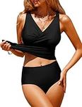 RITOSTA Womens Tankini Sets Swimming Costume Tummy Control 2 Piece Swimsuits Swimwear Push Up Padded Twist Front Tankini Top with High Waisted Bottoms Bathing Suit Halter V Neck (Black,M)