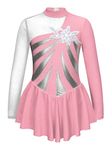 FEESHOW Children Girls Sparkly Floral Long Sleeve Ballet Lyrical Dance Dress Gymnastic Figure Ice Skating Dance Costume Pink 9-10 Years