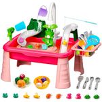Kids Water Table, 4-in-1 Indoor Outdoor Toy with Running Water Sink, Fishing Game, Kitchen Playset & Slide, Sensory Activity Table for Toddlers 2-6 Years Old, Backyard Beach Camping Water Toy Gift