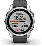 Garmin fenix 7S, smaller sized adventure smartwatch, rugged outdoor watch with GPS, touchscreen, health and wellness features, silver with graphite band, 010-02539-00