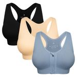 Women's Zip Front Sports Bra Wireless Post-Surgery Bra Active Yoga Sports Bras, 3 Pack(black+flesh+light Blue), Large