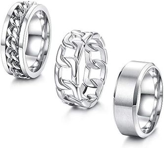 ORAZIO Mens Rings 3Pcs Silver Rings for Men Women Stainless Steel Plain Band Ring Cuban Link Chain Rings Spinner Ring Men's Promise Wedding Rings Set,Size 6