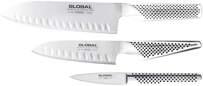 Global 3 Piece Santoku Kitchen Knife Set, 18cm Santoku Knife, 13cm Santoku Knife & 8cm Paring Knife, Made in Japan