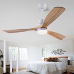 dearnow 48"" wooden ceiling fan with lighted remote control, indoor outdoor wooden ceiling fan, outdoor modern ceiling fan with 3 fan blades for patio, living room, farmhouse, etc (white + wood color), H619-48W