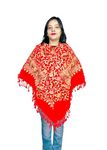 kullu Woolen Poncho with Hood for Women and Girls (Kashmiri Embroidered red)