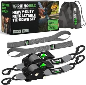 Sangles d'arrimage rétractables à cliquet (Paquet de 2) - Résistance à la Rupture de 1360 kg, y Compris (2) Sangles d'arrimage Auto-rétractables de 5 cm x 3 m avec poignées rembourrées - Gris