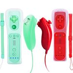 JTao-tec Wii Controller, 2 Packs Wii Controller and Wii Nunchuck for Wii and Wii U Console, with Silicone Case and Wrist Strap (Red + Water Green)