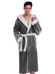 ROSYLINE Mens Robes Kimono Fleece Hooded Bathrobe Plush Long Warm Robe Dark Grey/White L